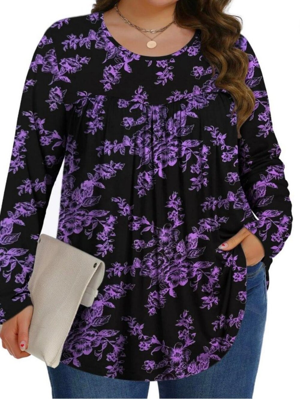 Fantaslook Womens Plus Size Tunic Top Black Purple Floral 2XL